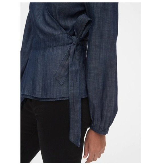 Gap Long Sleeve Blouse Rinse Washed Indigo Navy Chambray Wrap Tie Sz S - Picture 3 of 8
